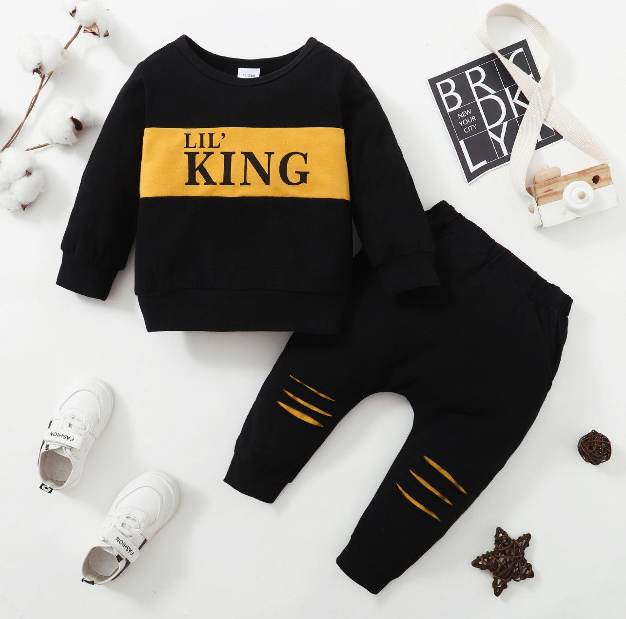 2-piece Toddler Boy Letter Print color block Pullover Sweatshirt and Cut out Pants Set - Mycia Boutique