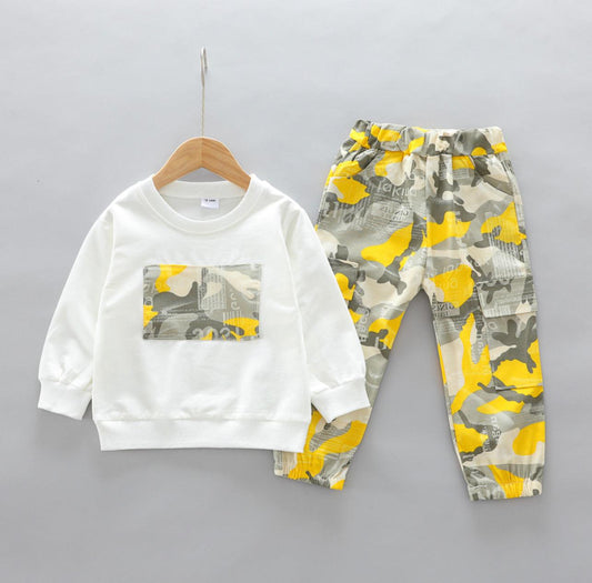 2-piece Toddler Boy Letter Camouflage Print White Pullover and Pants Set - Mycia Boutique