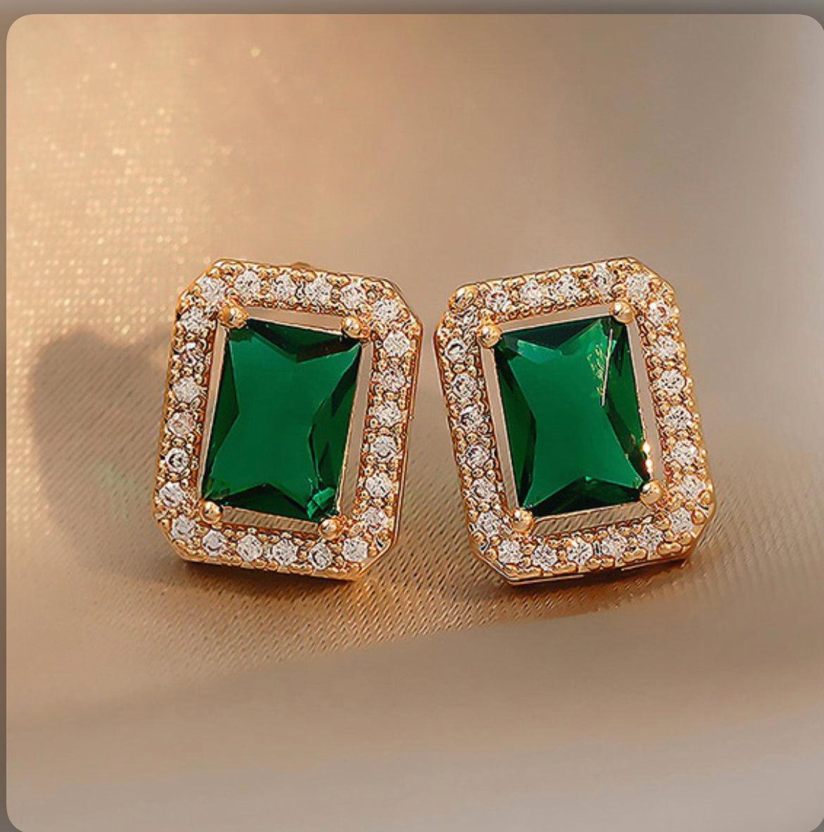 Two Retro Sets Red and Green Rhinestone Square Earrings - Mycia Boutique