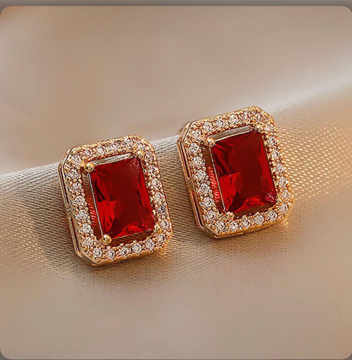 Two Retro Sets Red and Green Rhinestone Square Earrings - Mycia Boutique